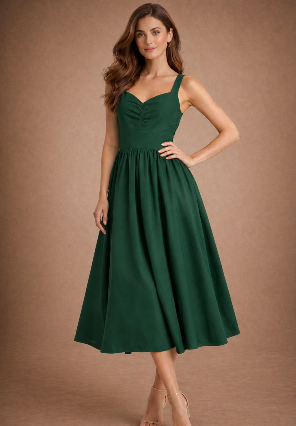Side view of olive A-line cotton dress with shirt collar