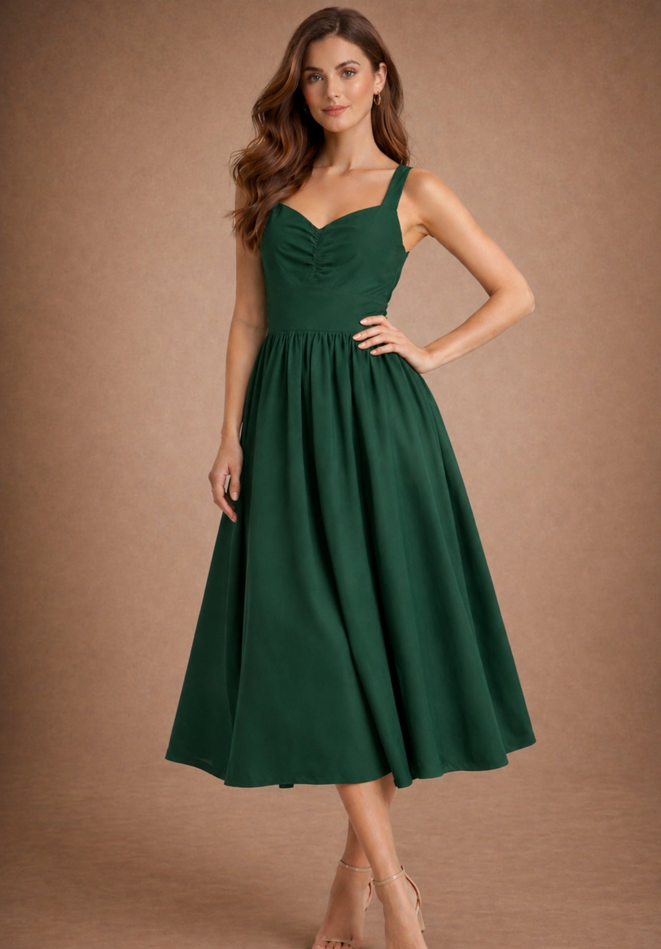 Side view of olive A-line cotton dress with shirt collar