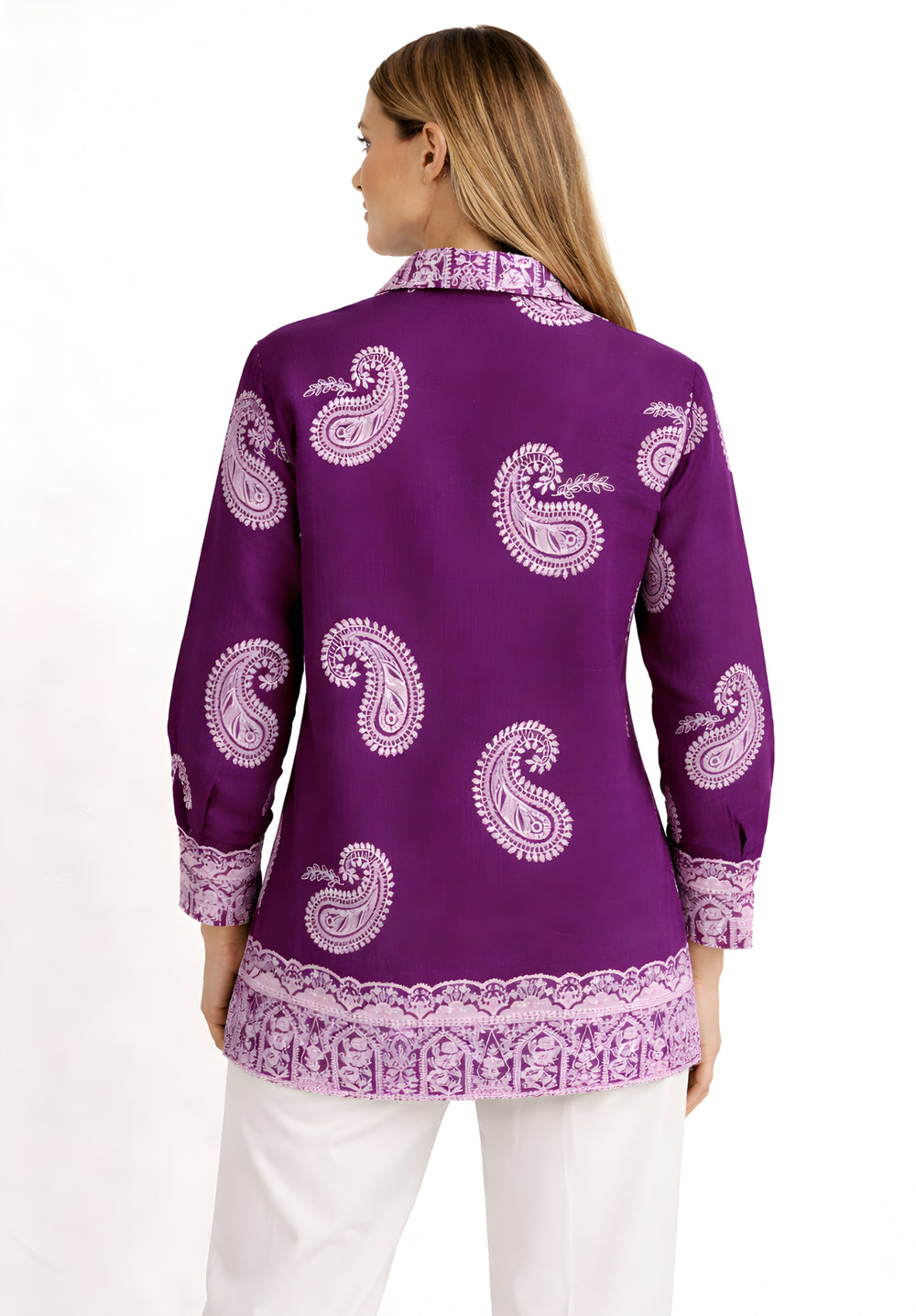 Side view of purple satin oversized shirt with curved hem