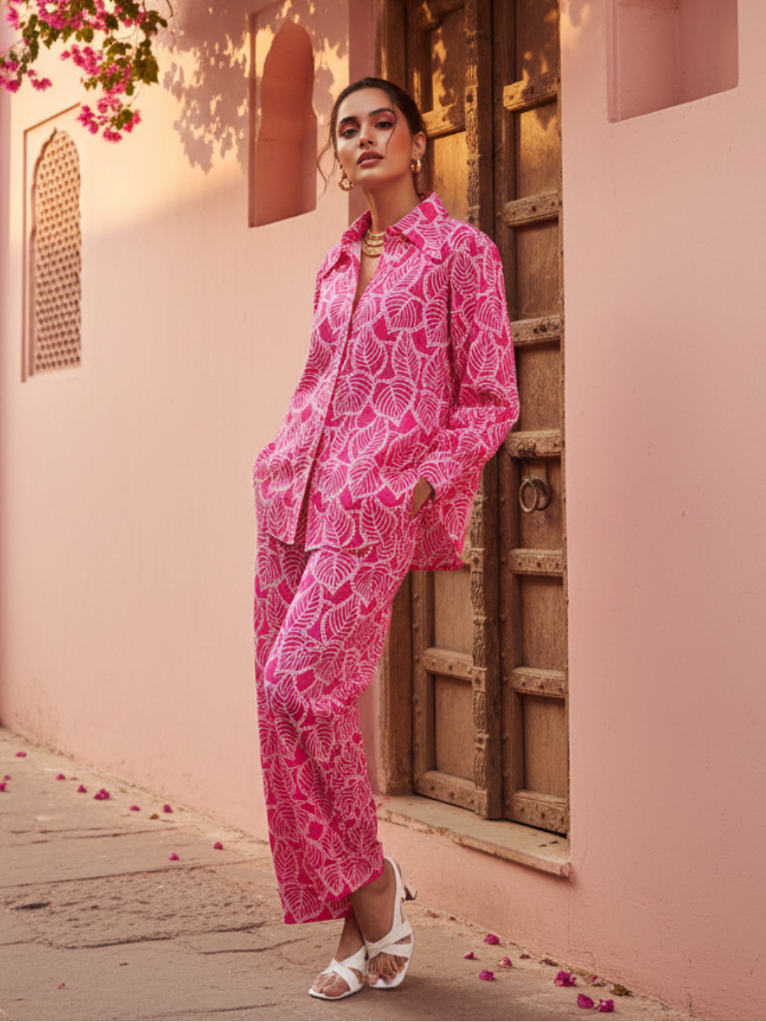 Front view of pink Schiffli embroidered cotton co-ord set