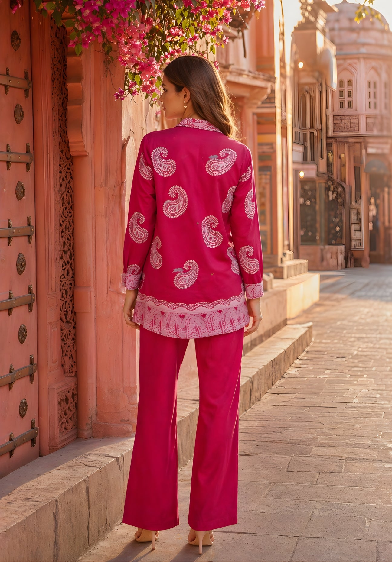 Back view of pink puff print co-ord set for women