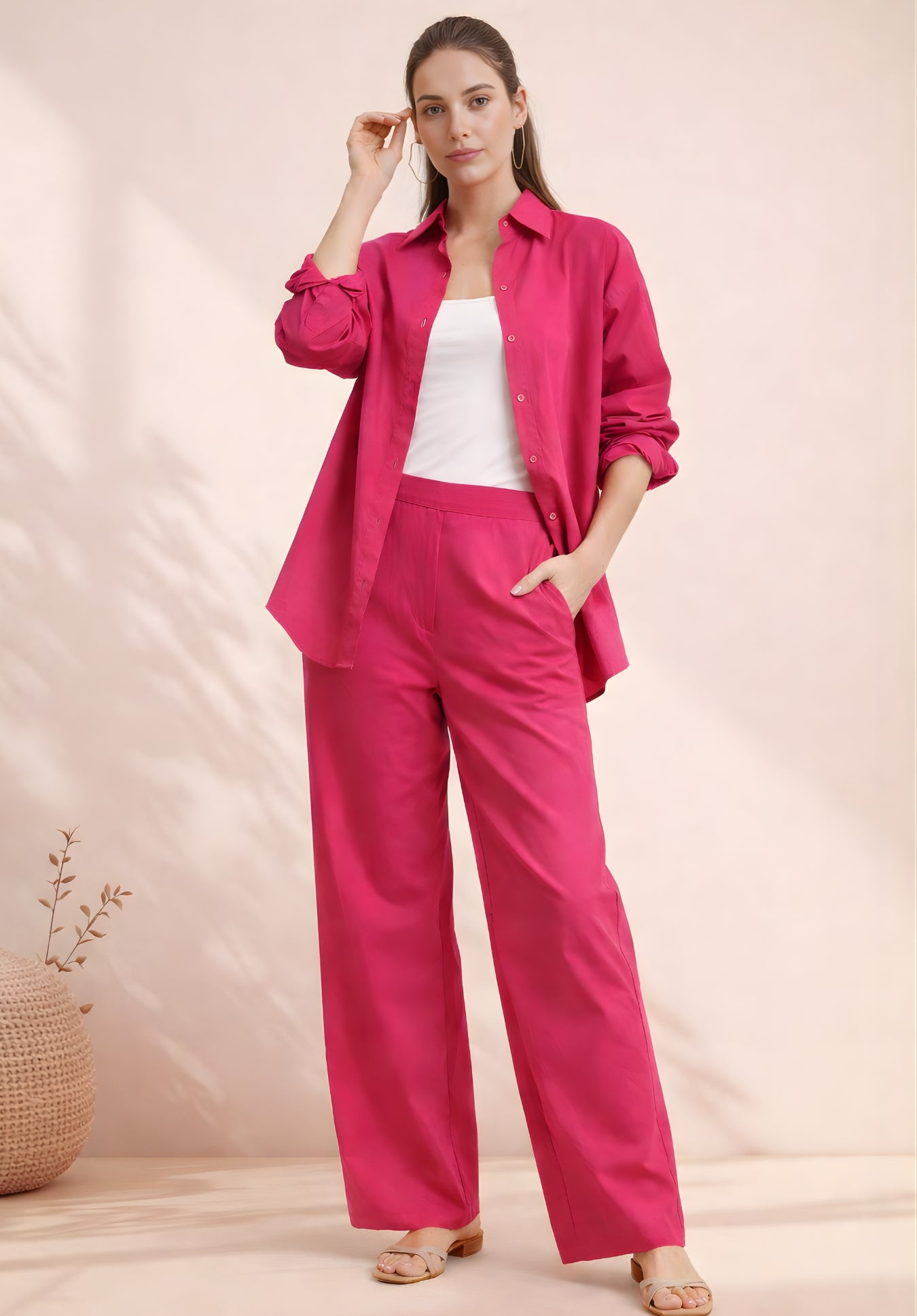 Final styled image of hot pink poplin cotton co-ord set