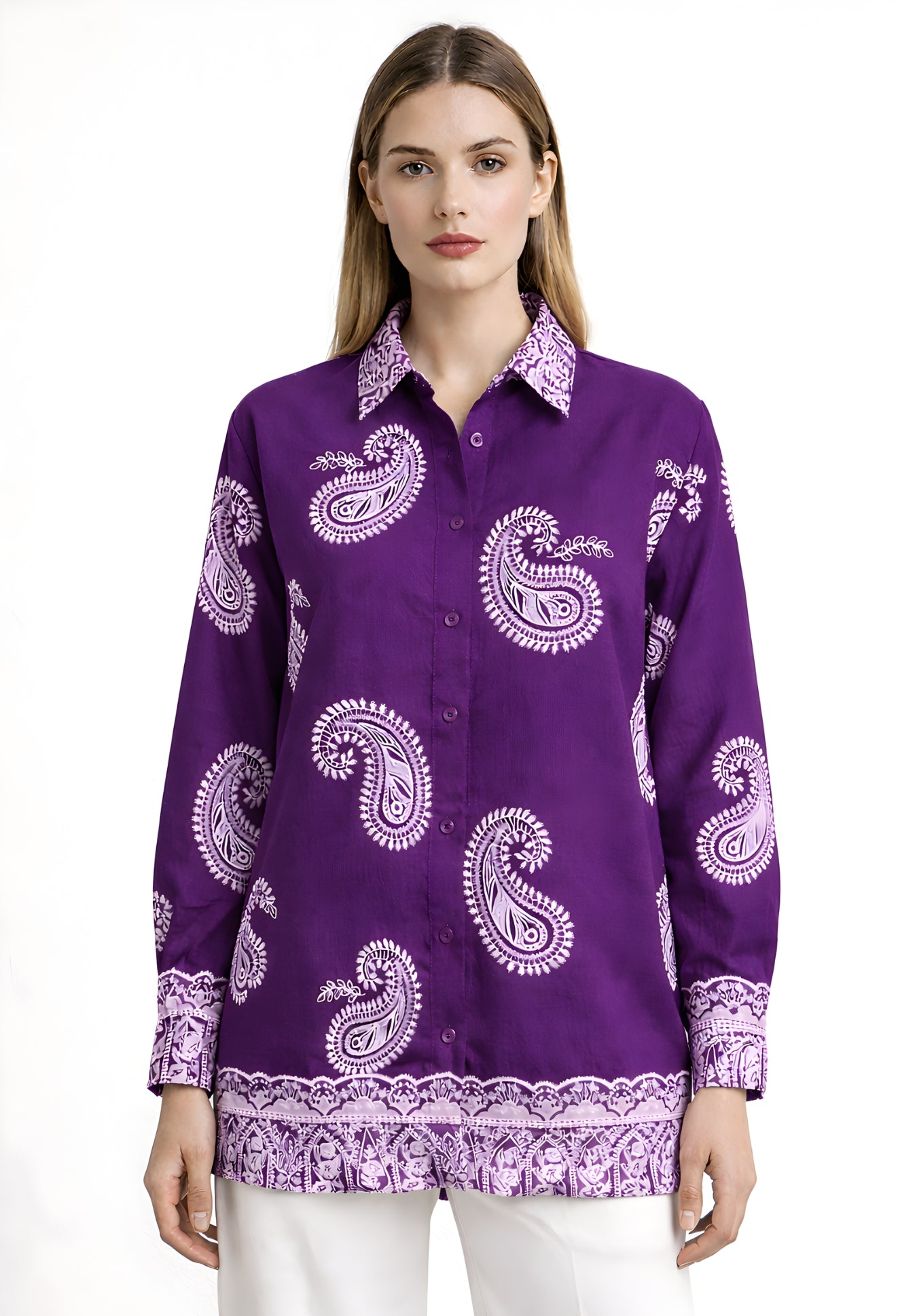 Close-up of puff print detail on purple satin shirt