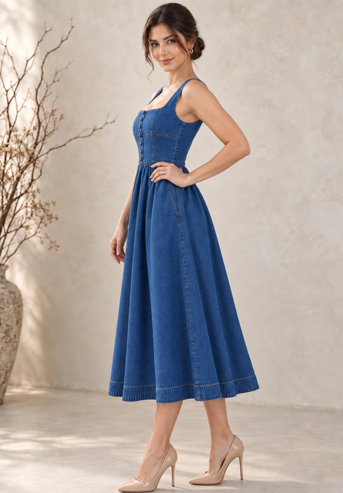 Blue Denim Flared Midi Dress