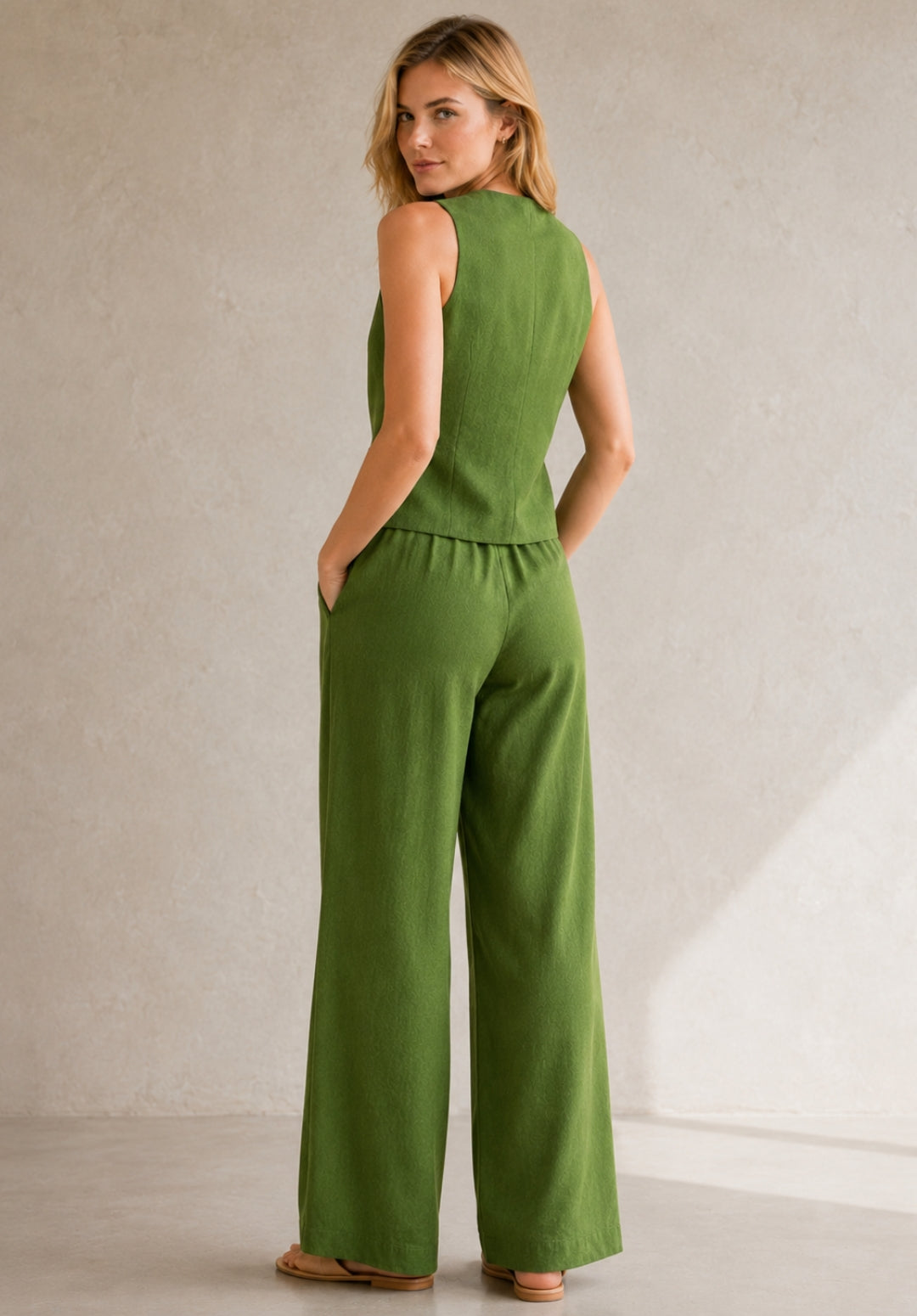 Olive Linen Solid Vest Top with Palazzos Co-ord Set