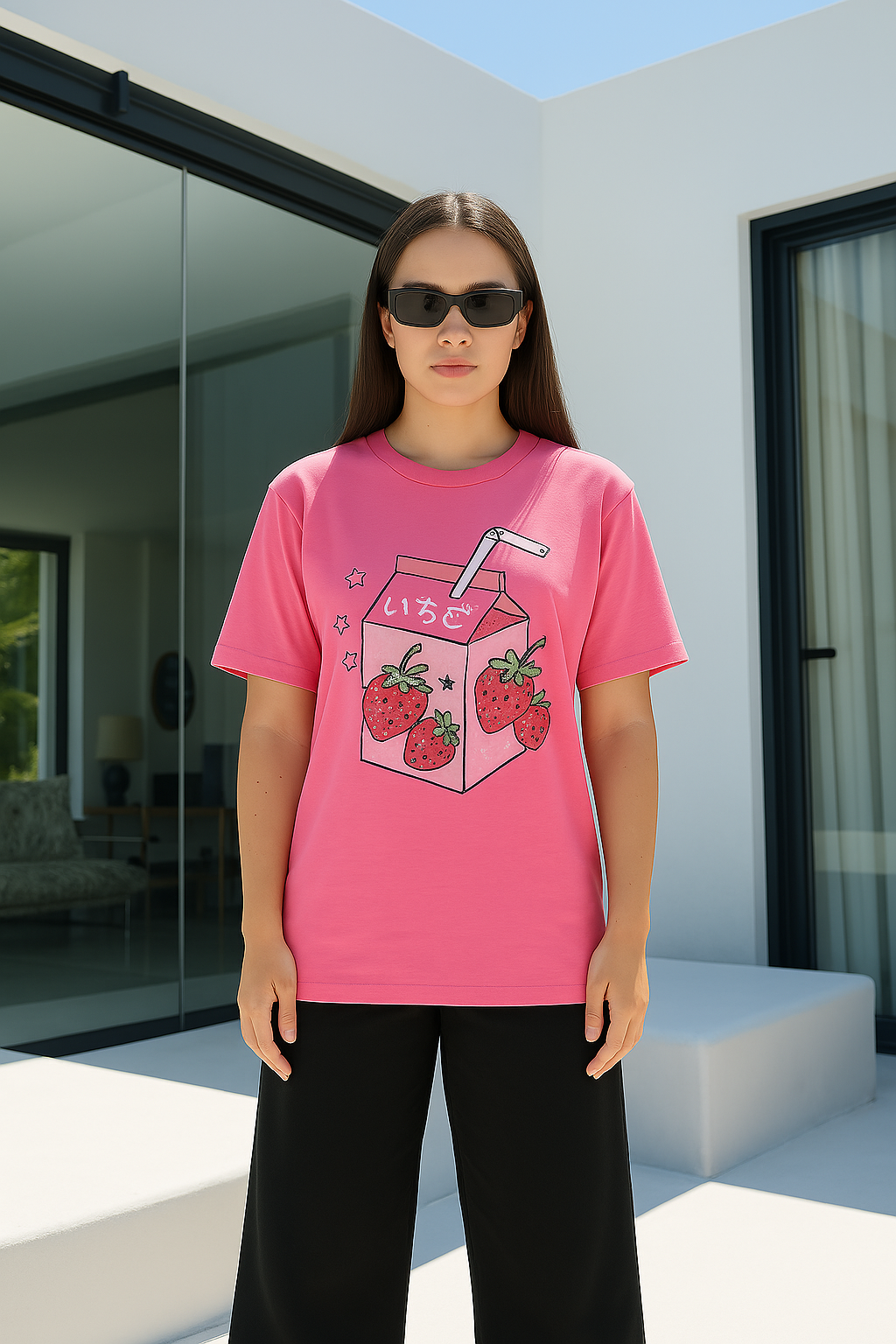 Juice Box oversized graphic t-shirt for women lifestyle shot