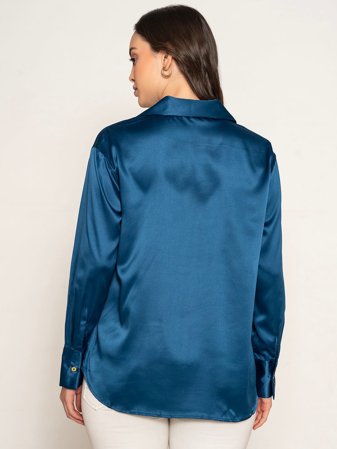 Styled view of navy satin shirt with trousers