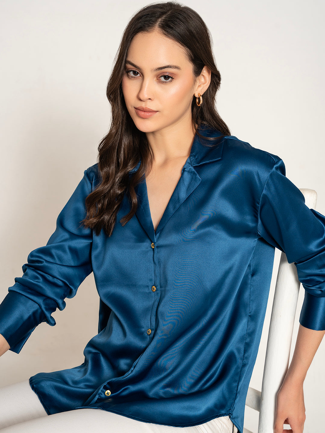 Front view of navy blue satin Cuban collar shirt