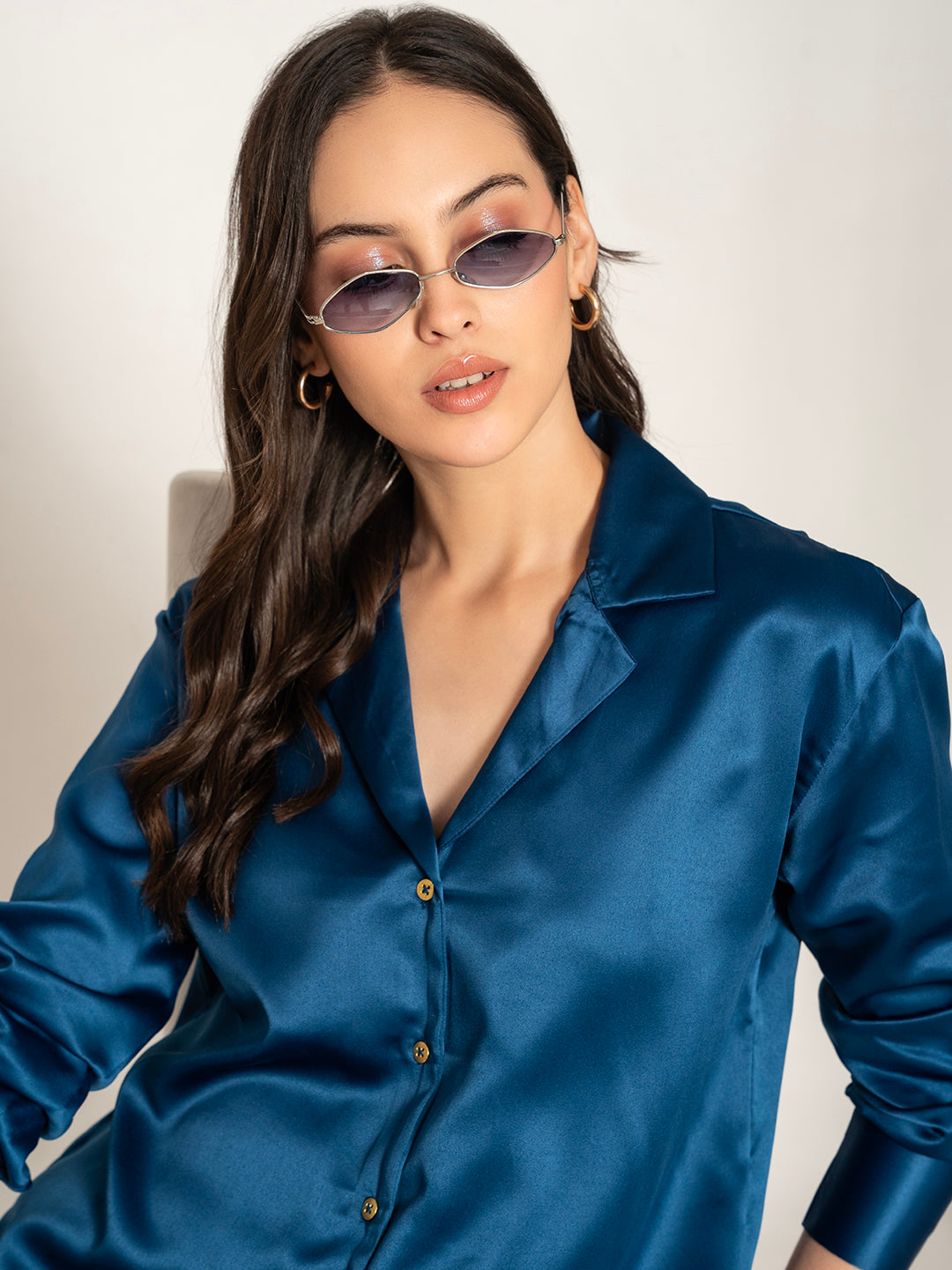 Back view of navy blue satin Cuban collar shirt