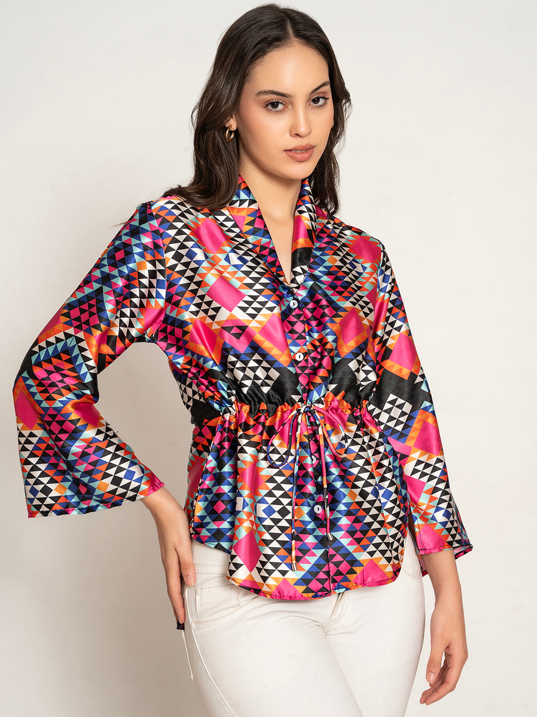 Front view of multi printed kimono top with flared sleeves