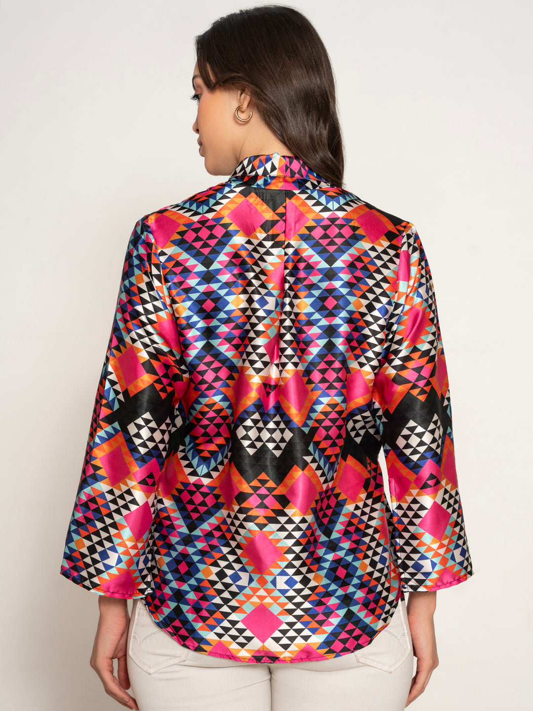 Detail of flared sleeve on multi printed kimono