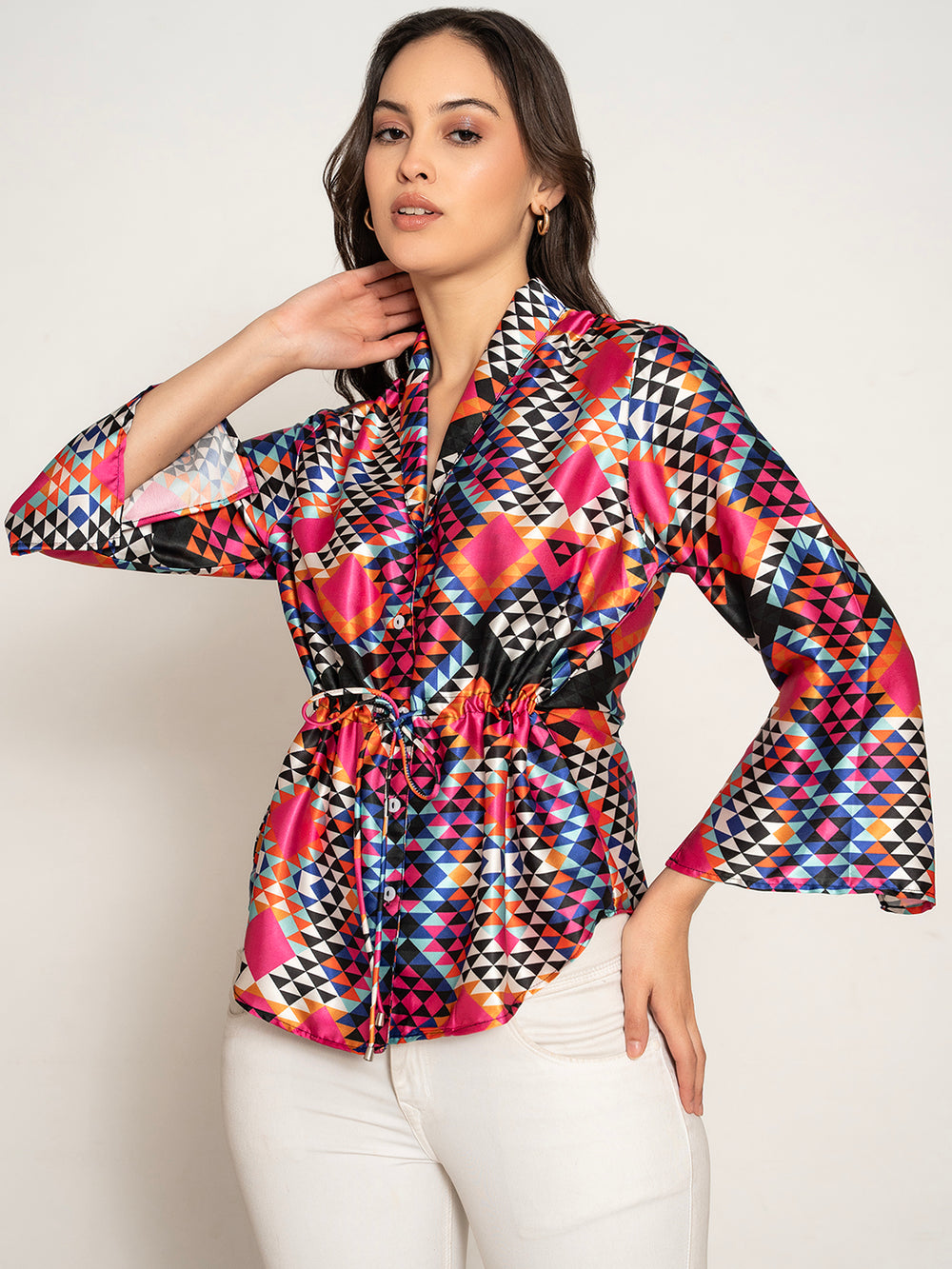 Lifestyle shot of woman wearing multi printed kimono