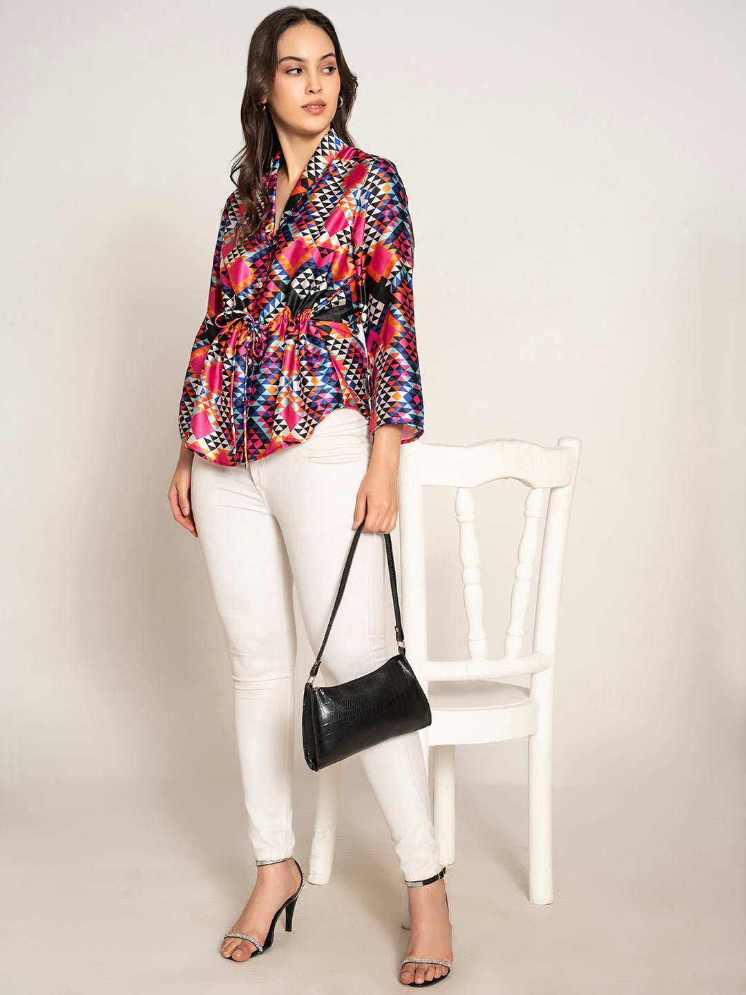 Side view of printed kimono top with relaxed drape