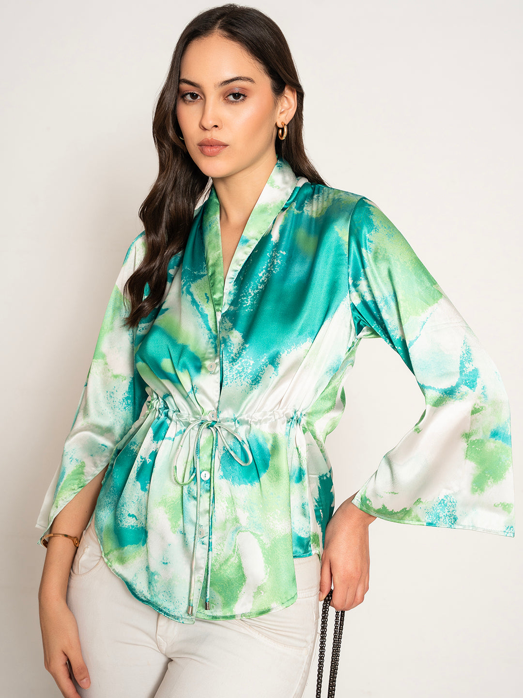 Back view of green printed kimono top