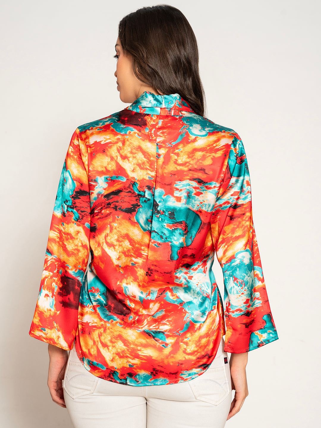 Detail of flared sleeve on red printed kimono