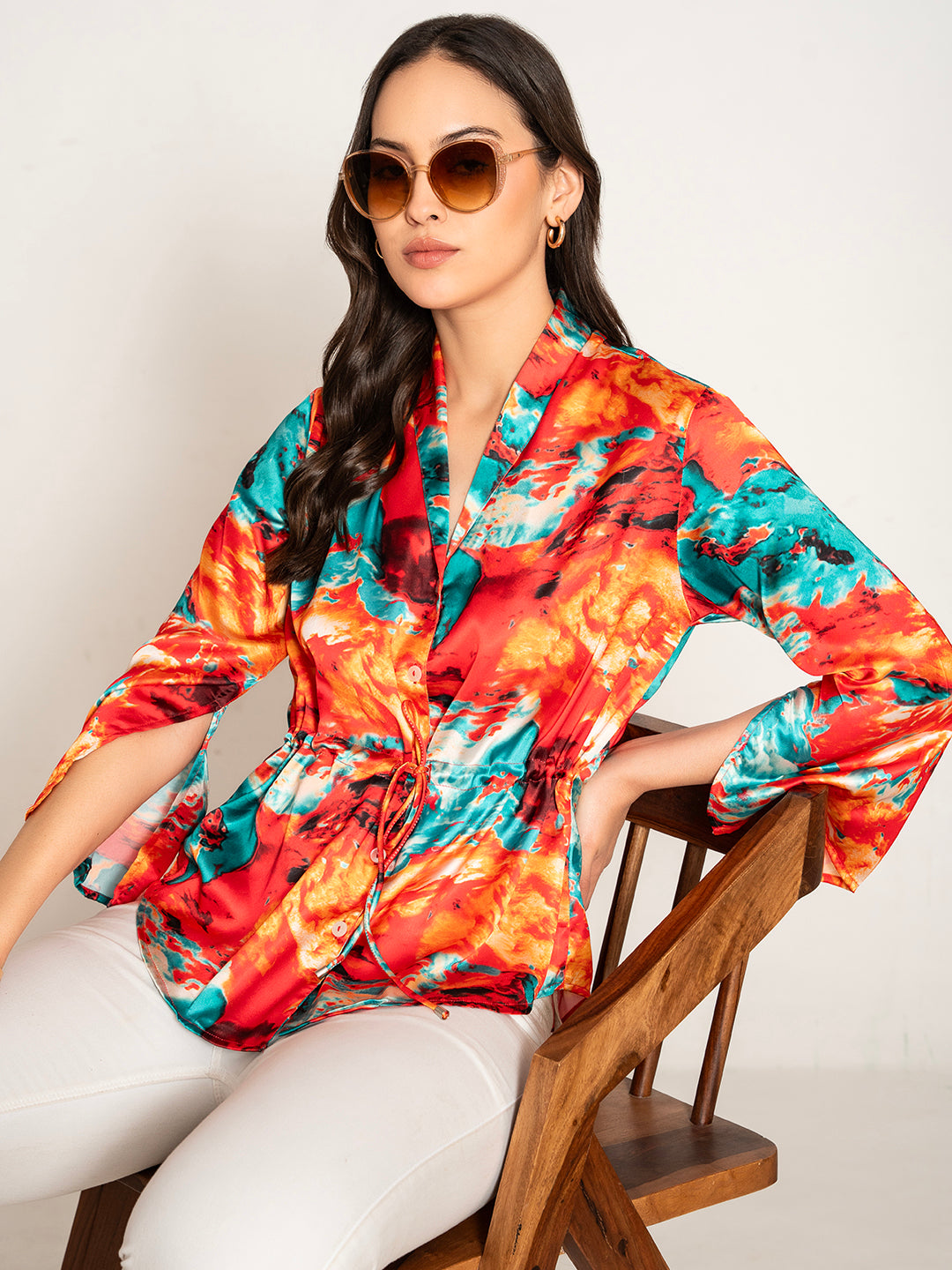 Back view of red printed kimono top