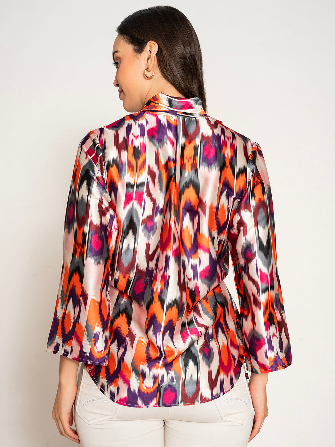 Side view of printed kimono top with relaxed drape