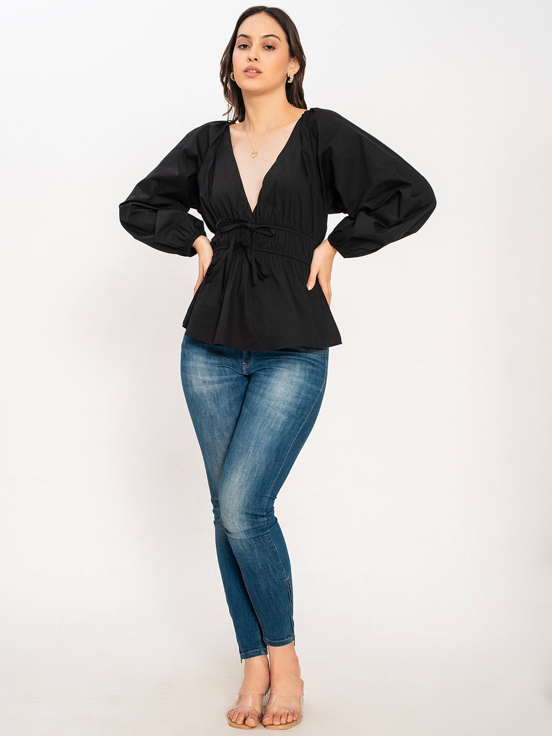 Black poplin V-neck top full outfit shot