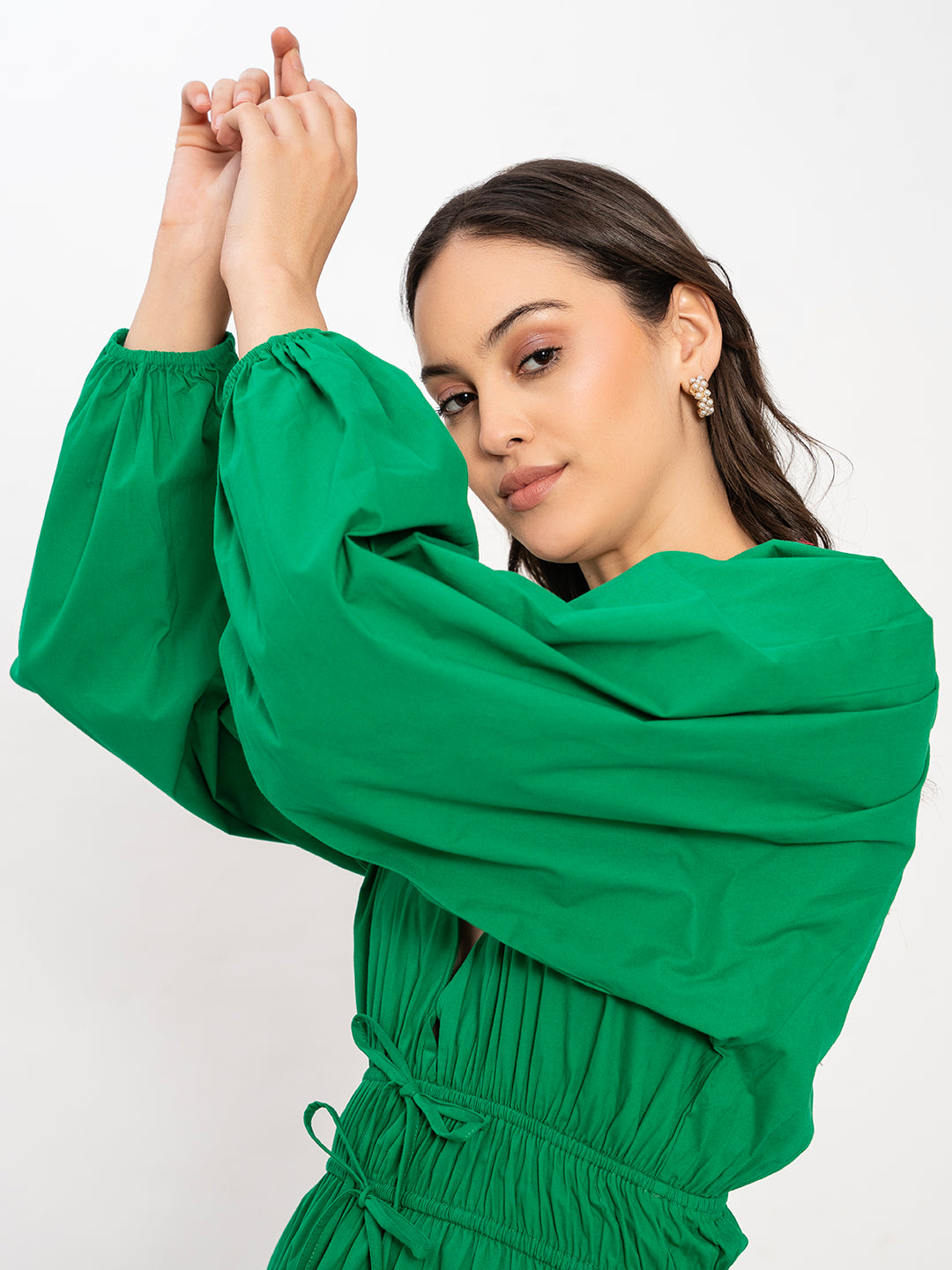 Back view of green V-neck cotton top