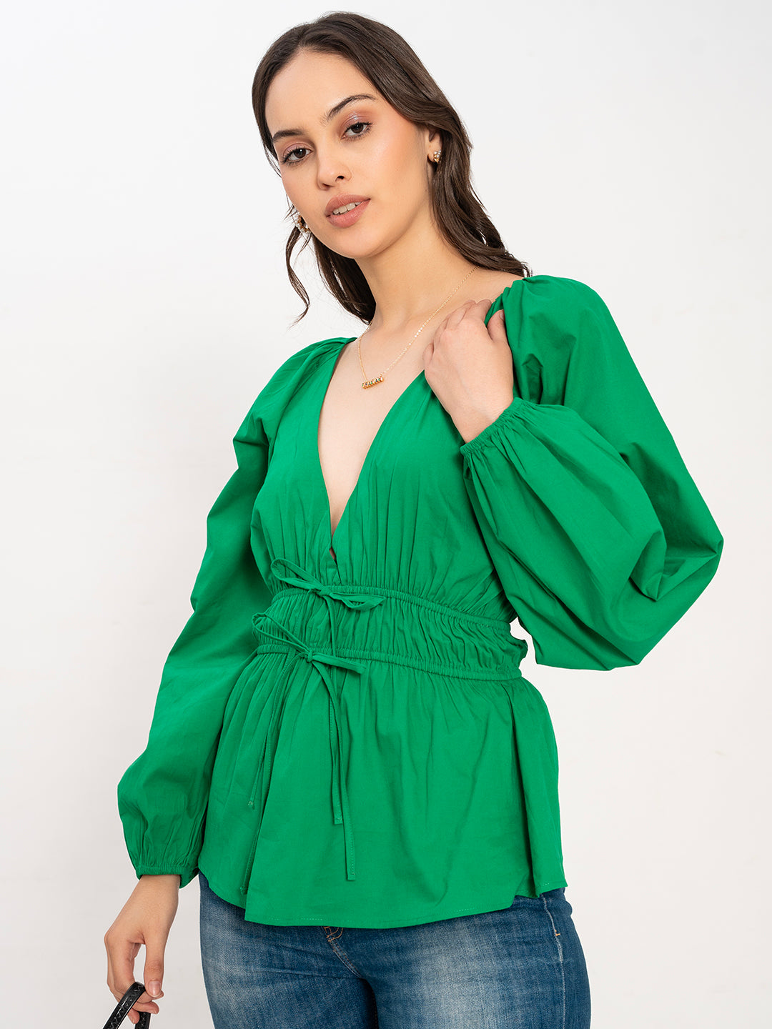 Full-length view of green poplin cotton top
