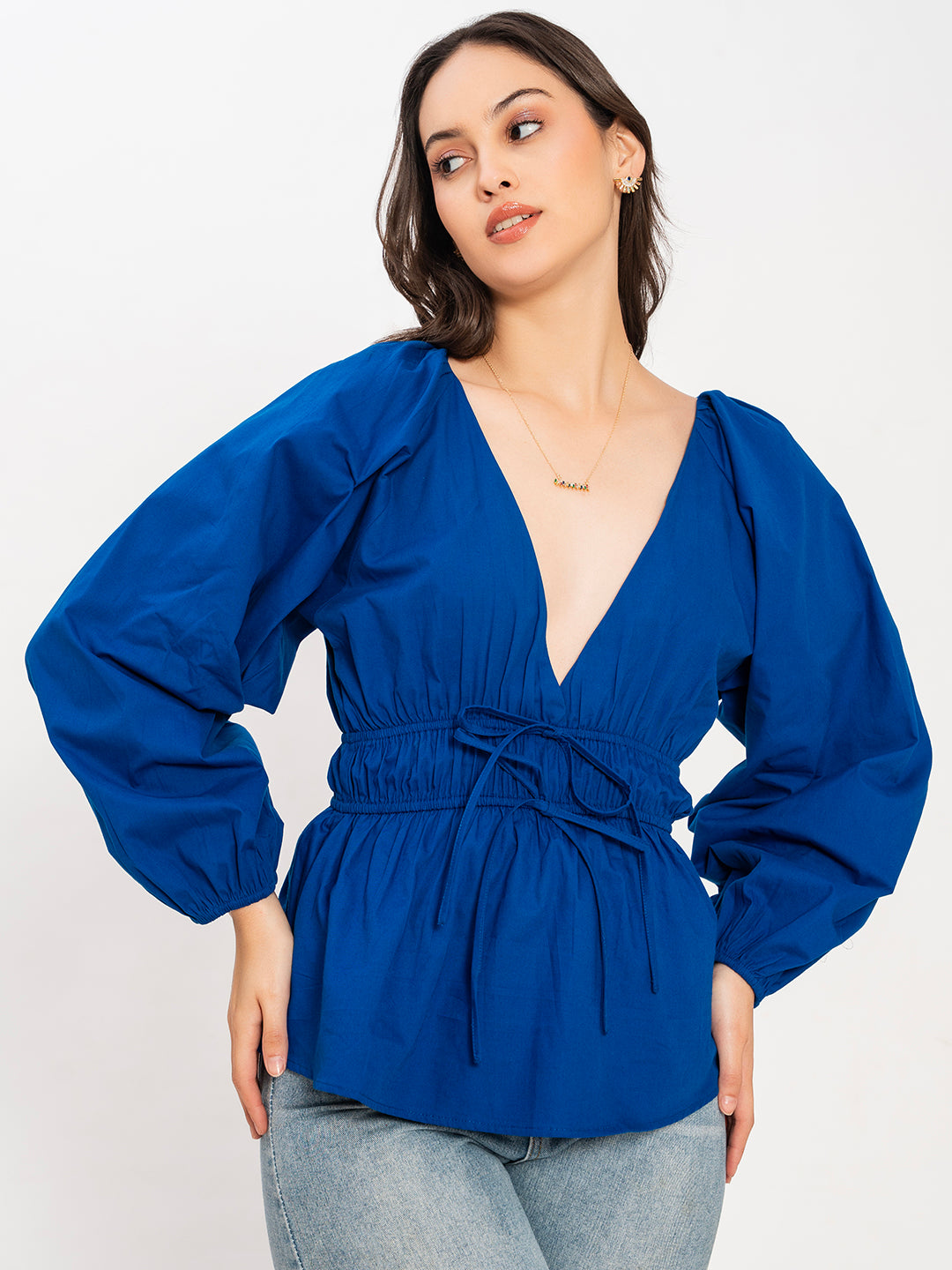 Back view of blue poplin cotton top