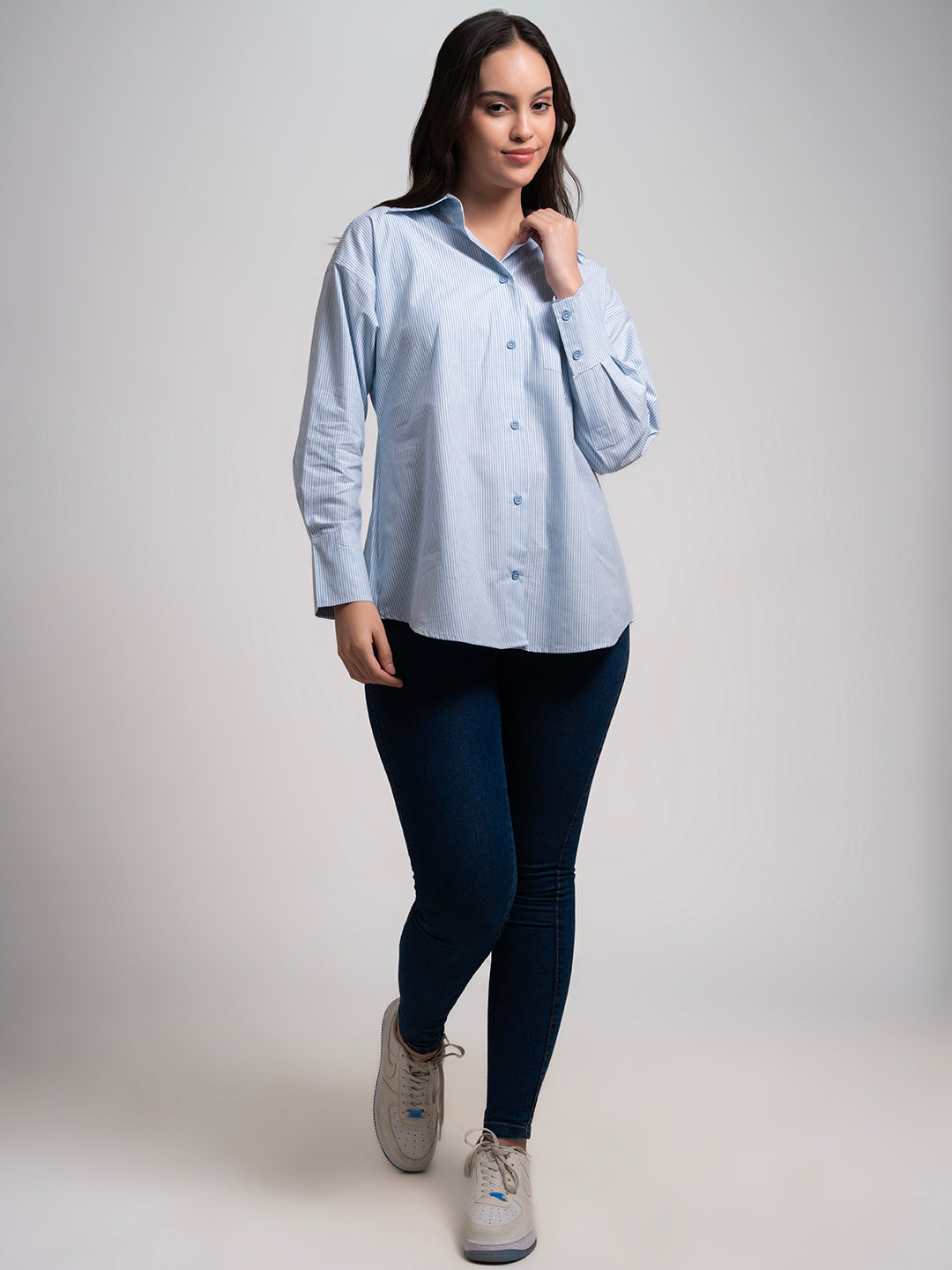Blue striped cotton shirt - back view