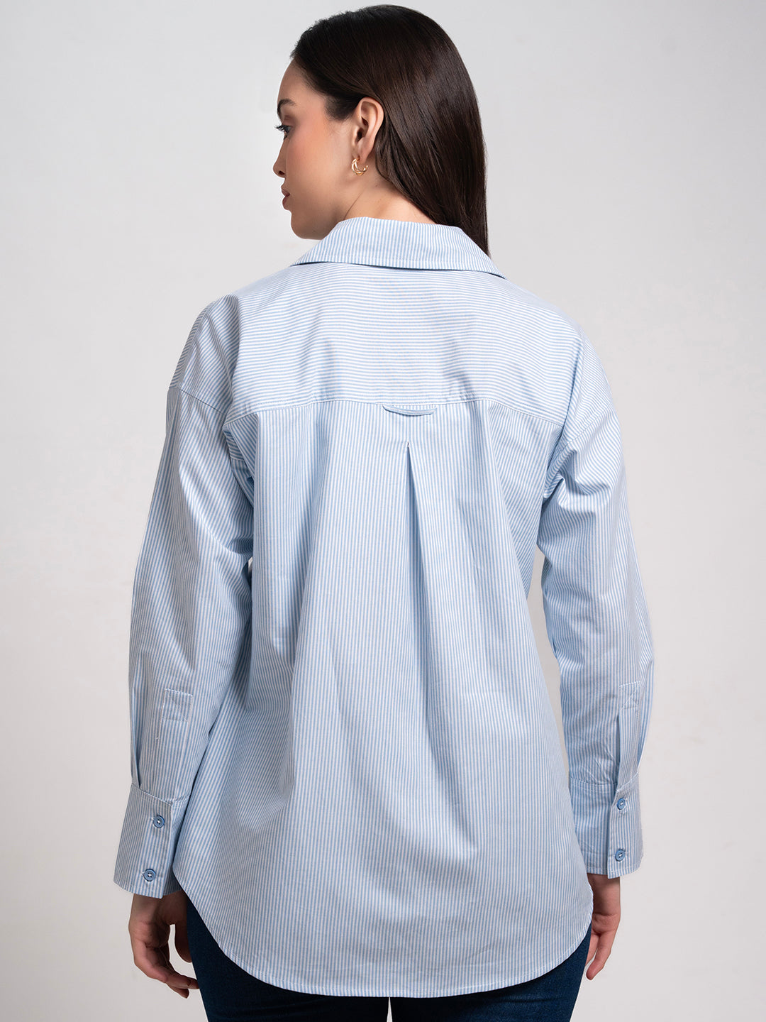 Blue striped poplin oversized shirt - full look
