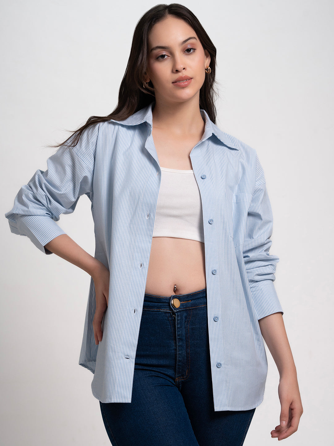 Blue striped poplin cotton shirt - detail view