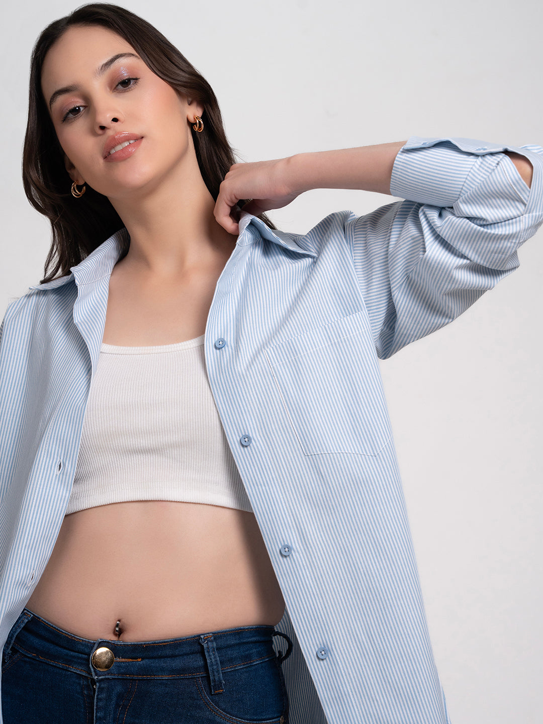 Blue cotton poplin shirt with spread collar