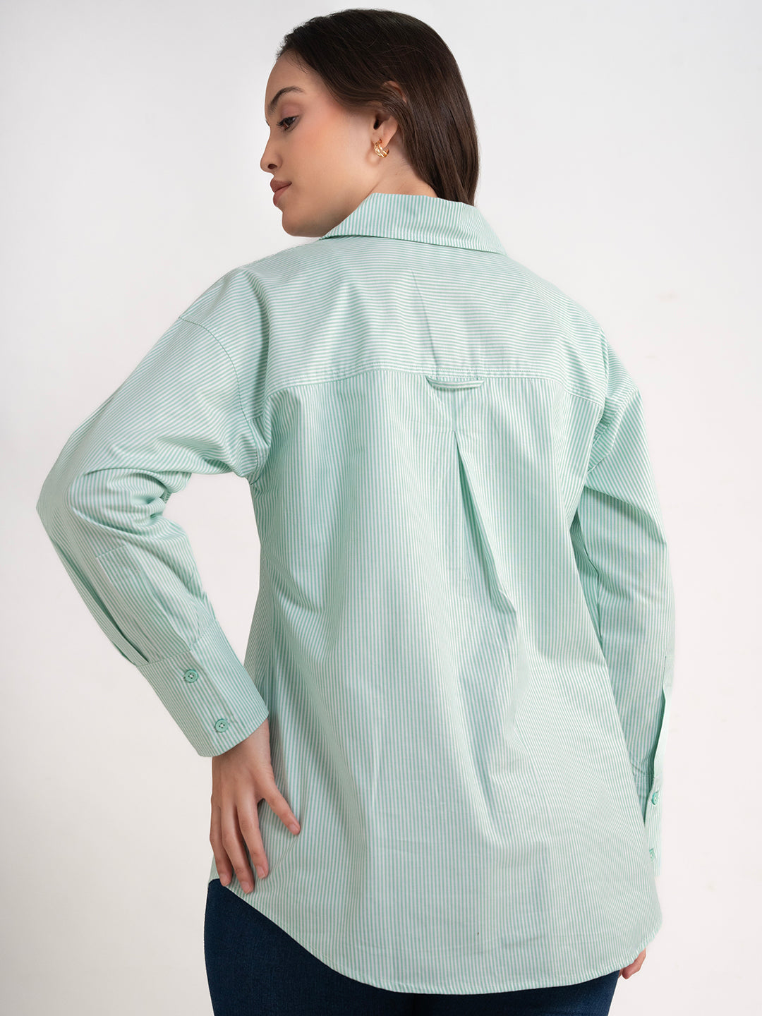 Green striped cotton shirt - close-up fabric detail