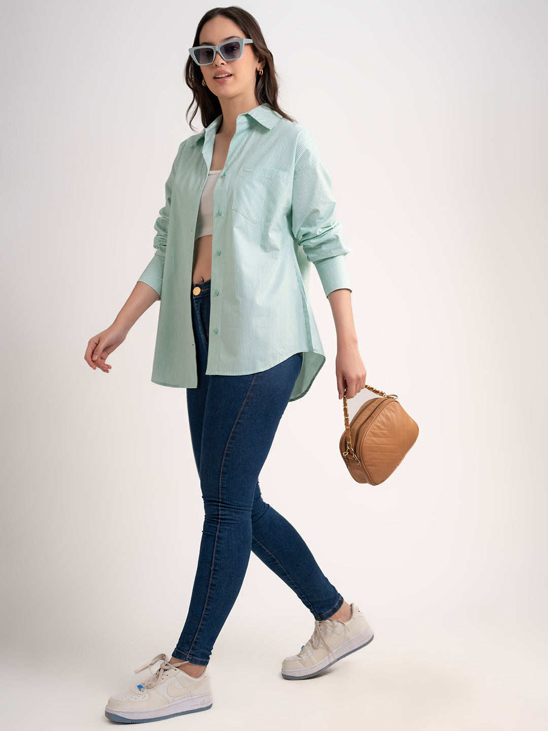 Green cotton poplin shirt with spread collar