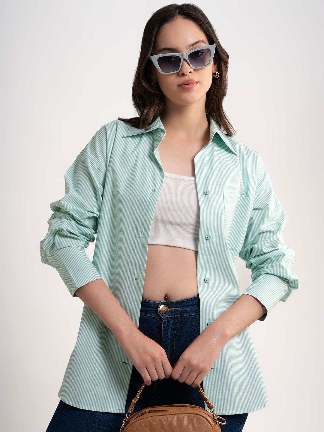 Green striped cotton shirt - relaxed oversized fit
