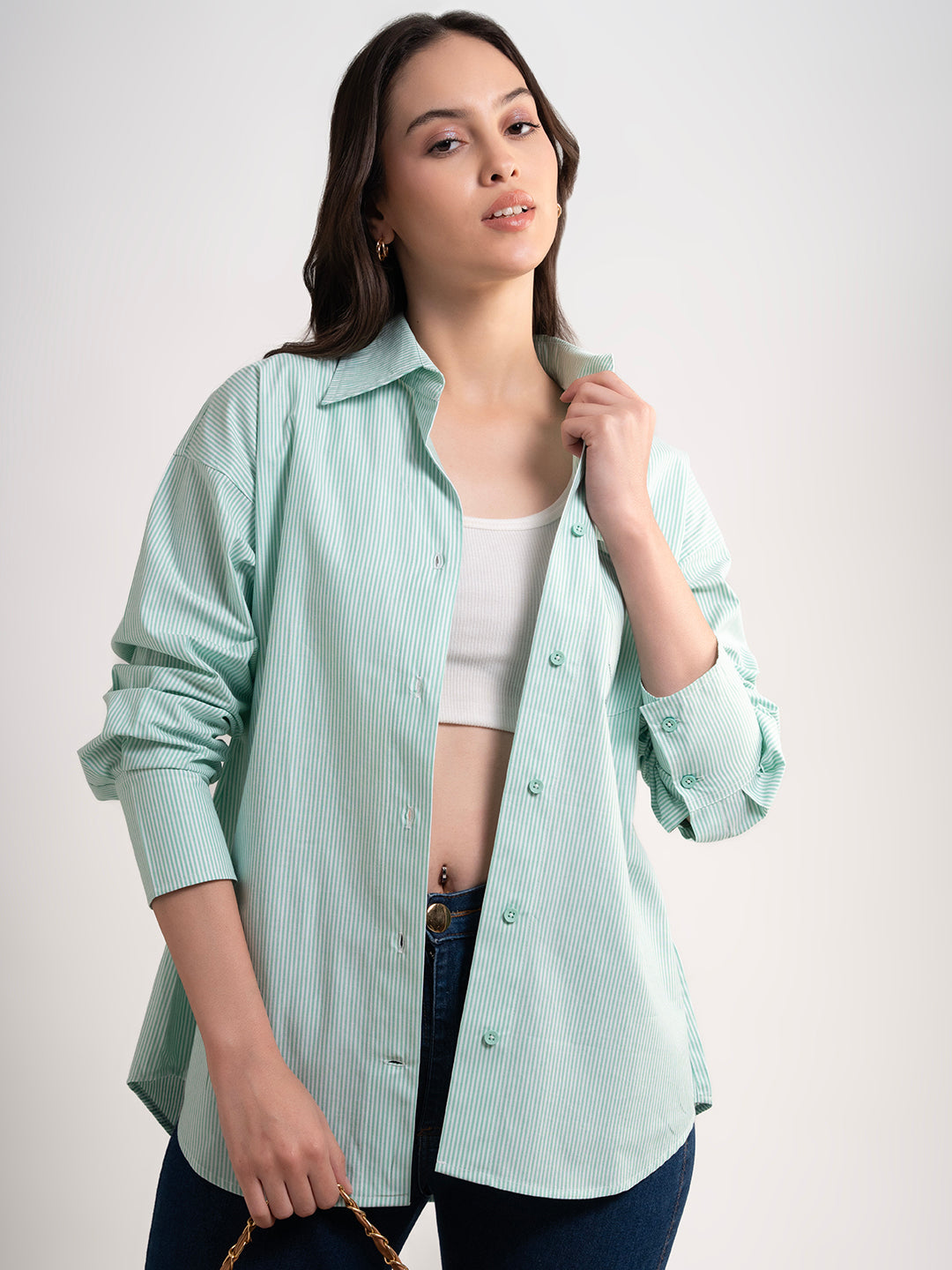 Green striped poplin cotton shirt - detail view