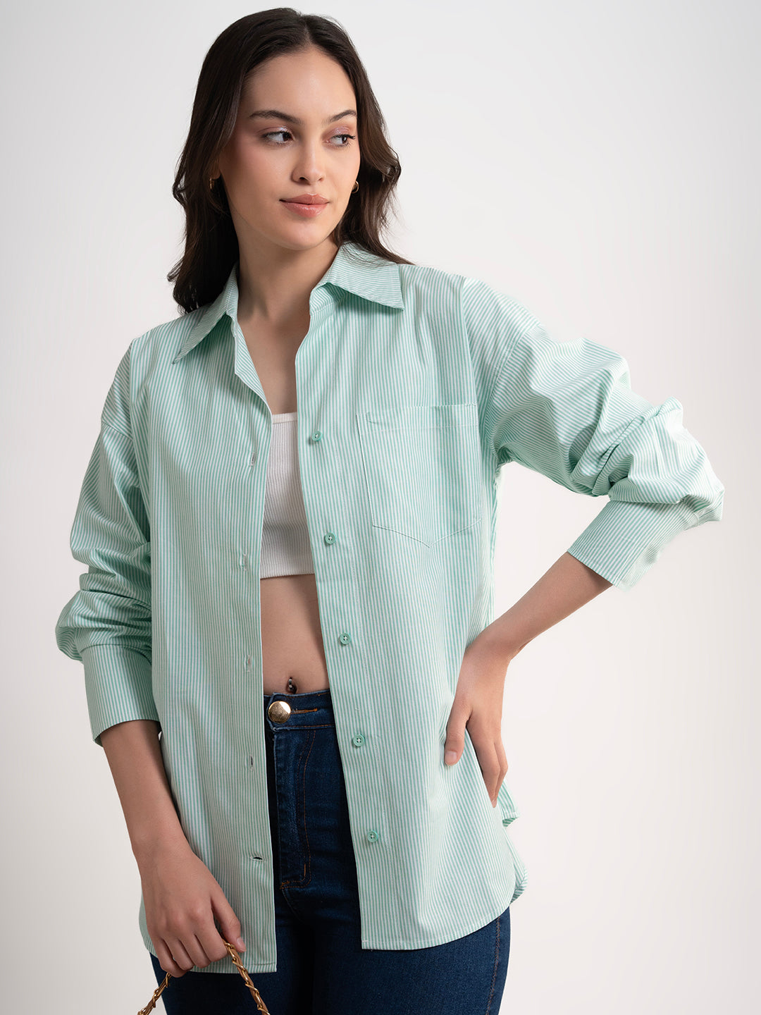 Green striped cotton shirt - back view