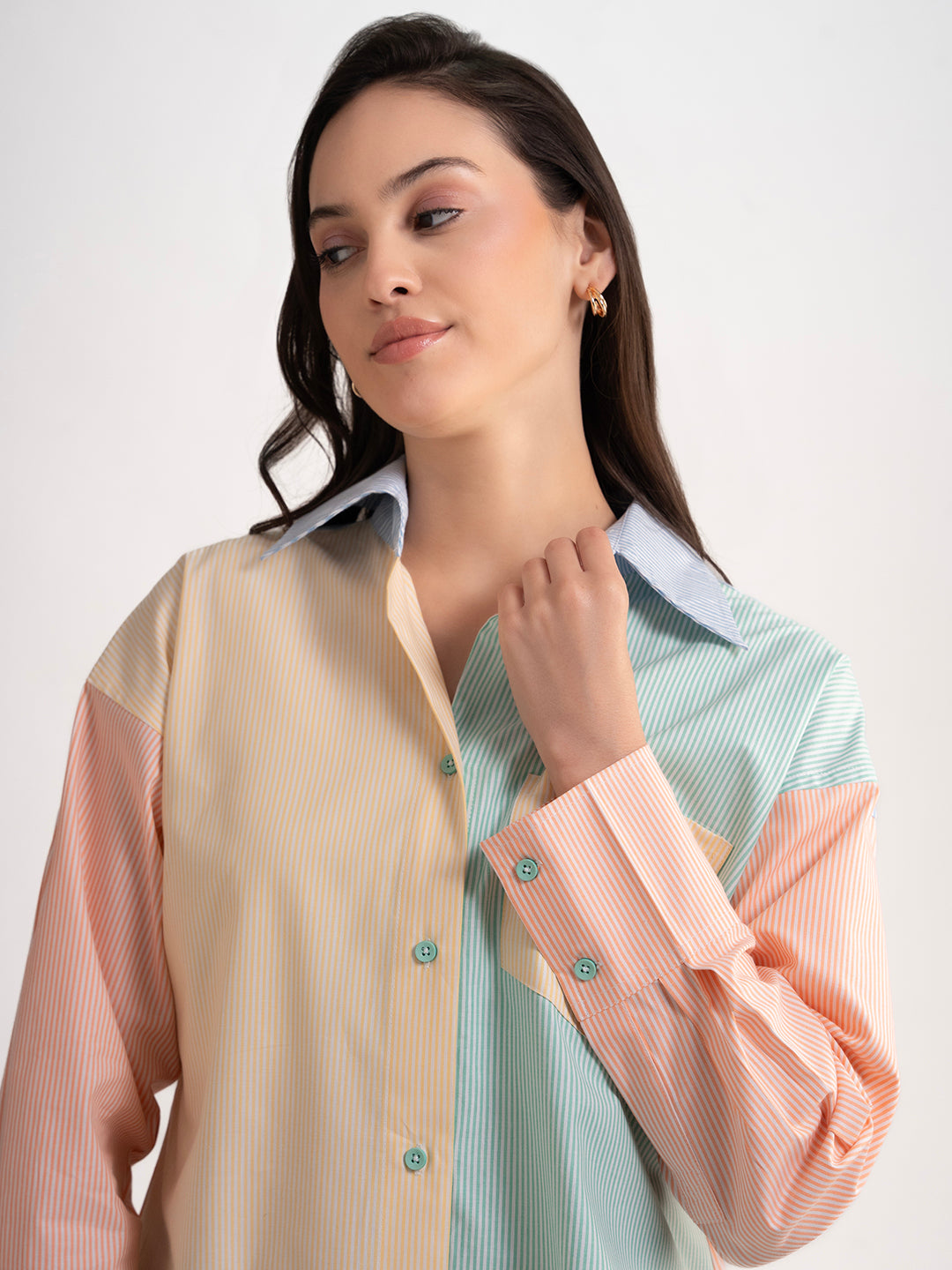 Styled view of colorblocked shirt with denim