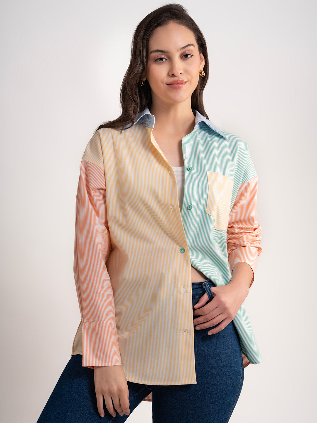 Side view of colorblocked striped cotton shirt