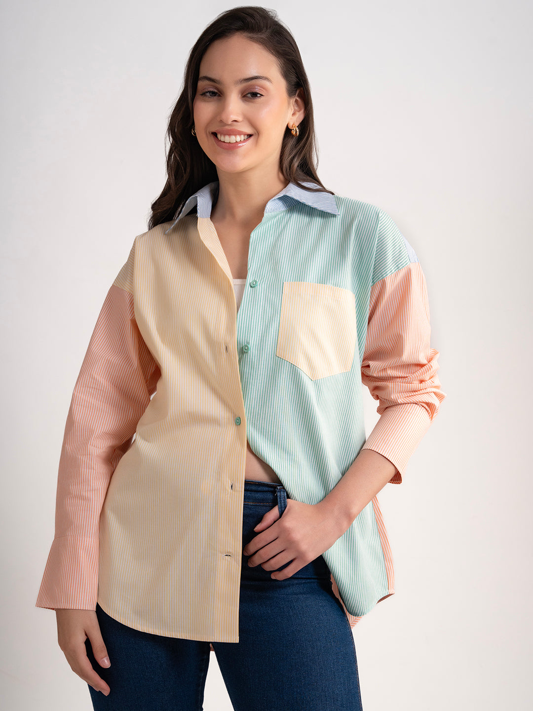 Back view of colorblocked striped shirt