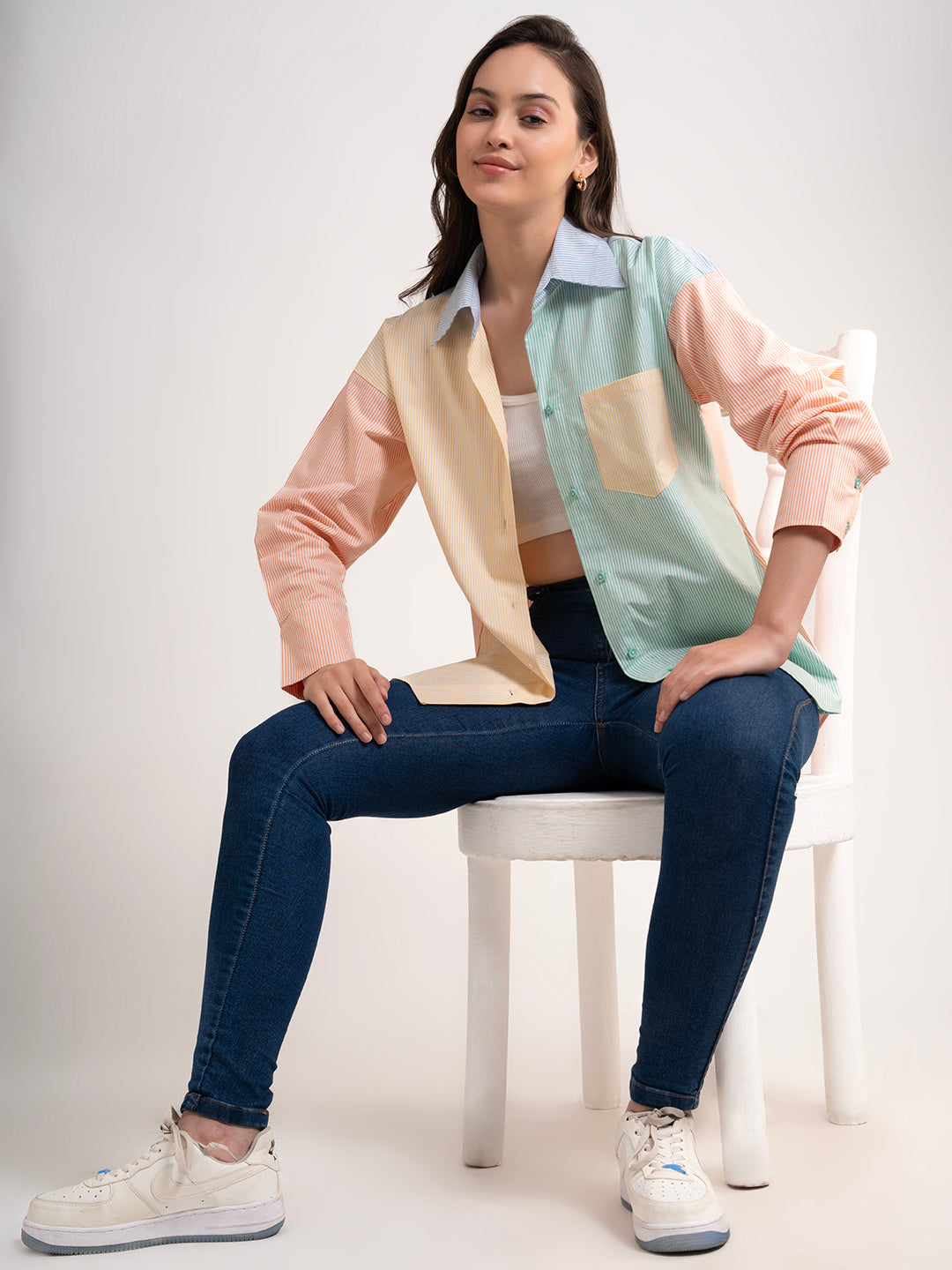 Detail of cuff on colorblocked cotton shirt