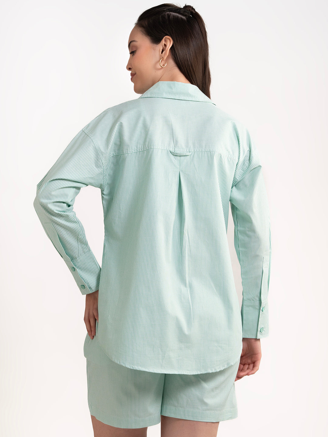 Back view of green striped cotton co-ord set