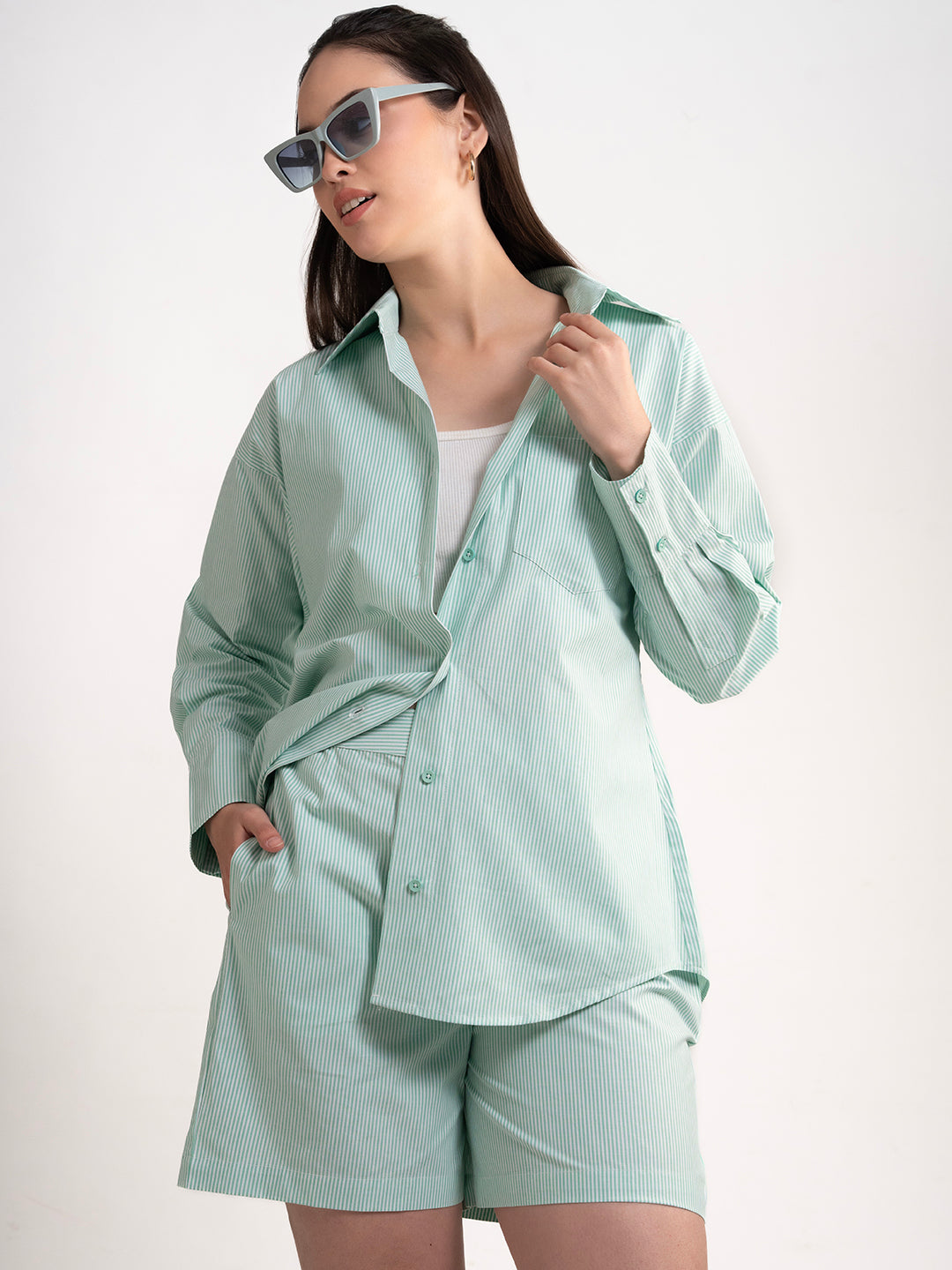 Front view of green striped cotton co-ord set