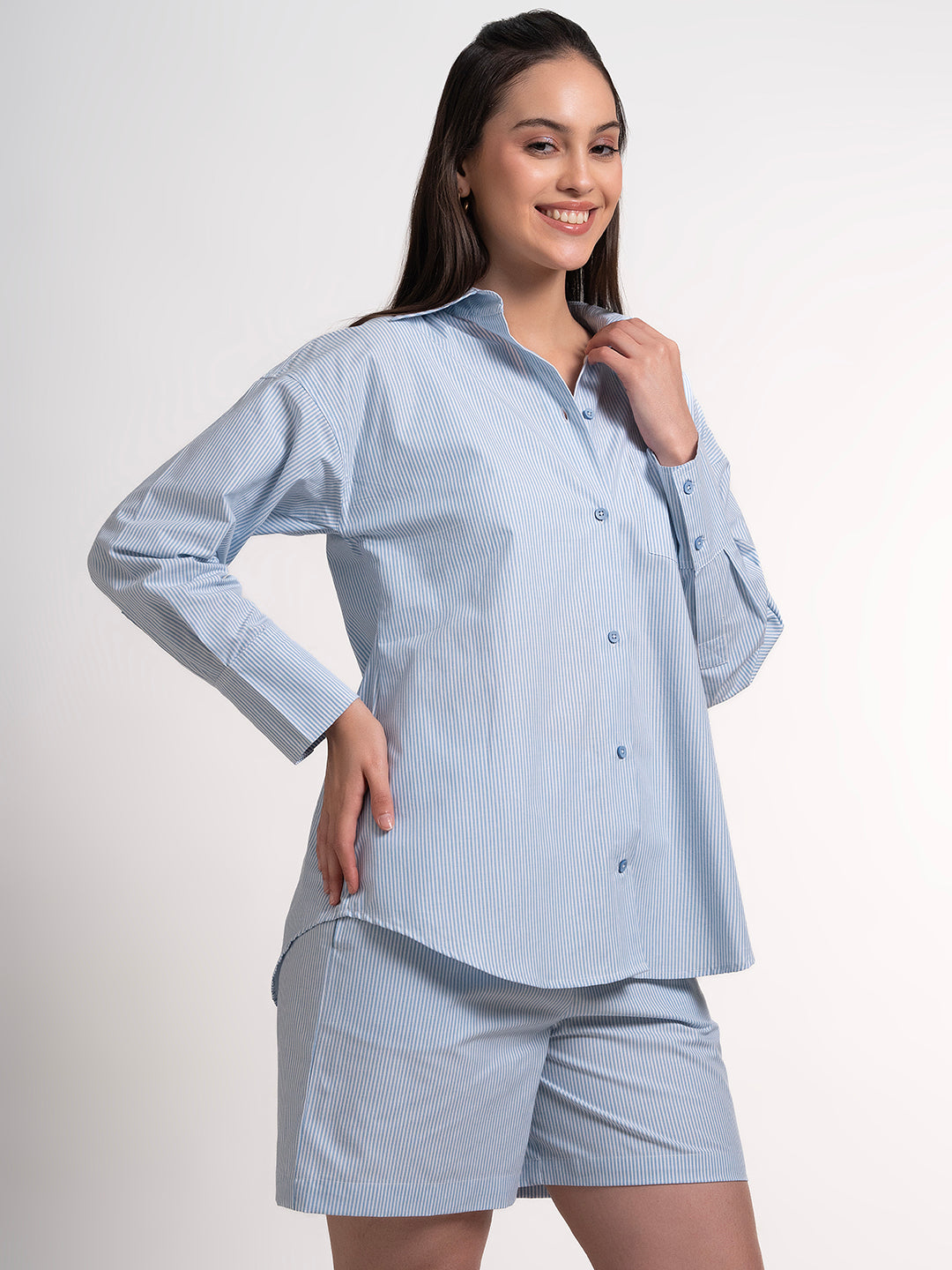 Side view of blue cotton co-ord shirt and shorts