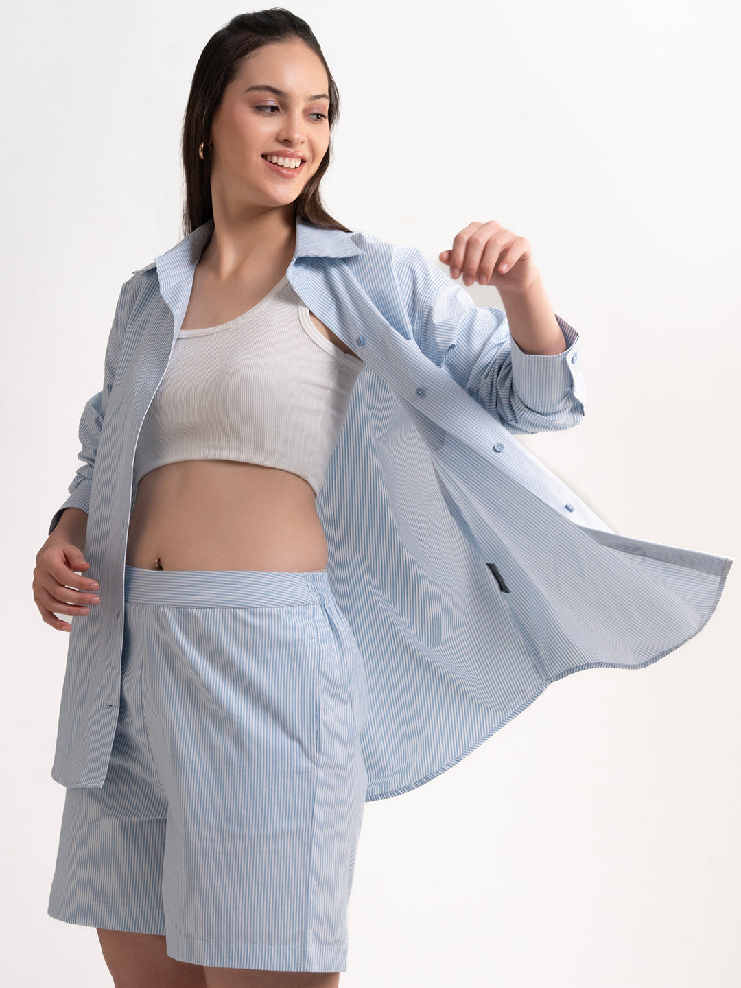 Styled view of blue cotton co-ord with sandals