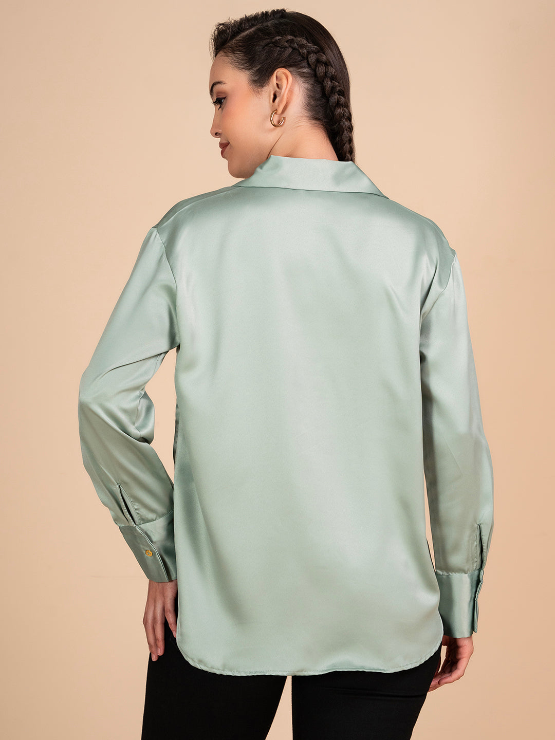 Back view of green satin Cuban collar shirt