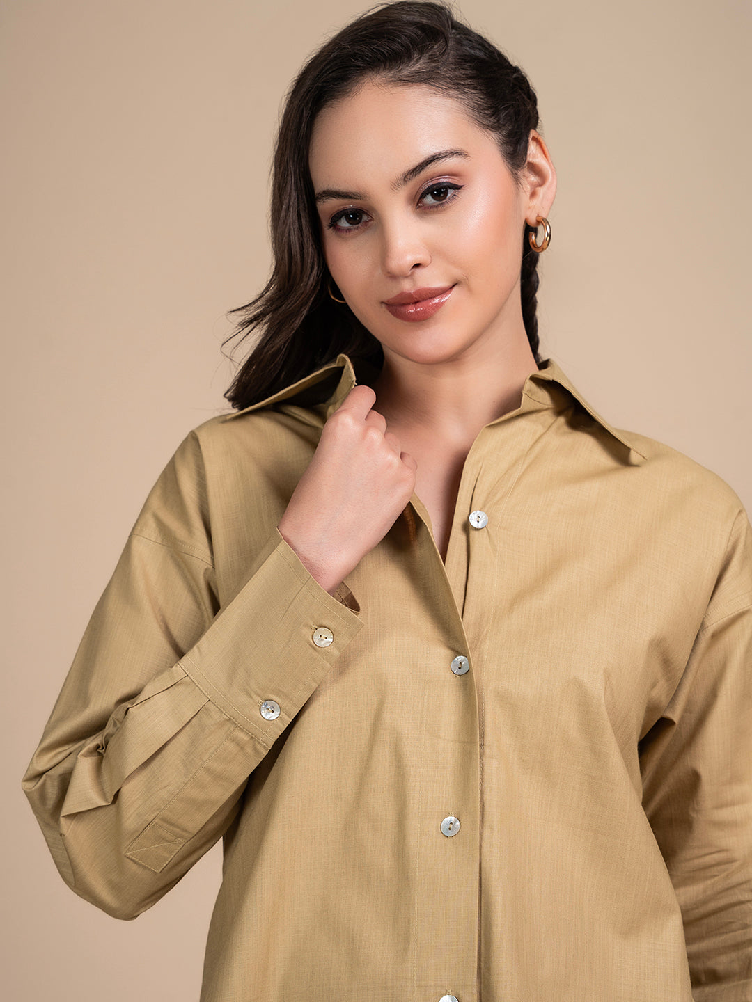Front view of beige linen blend relaxed-fit shirt