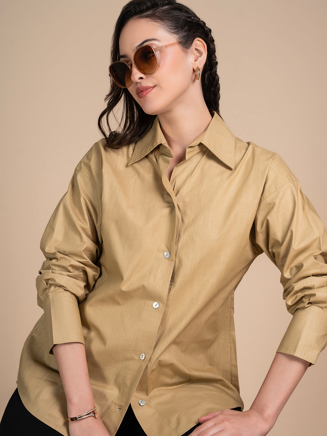 Side view of beige linen shirt