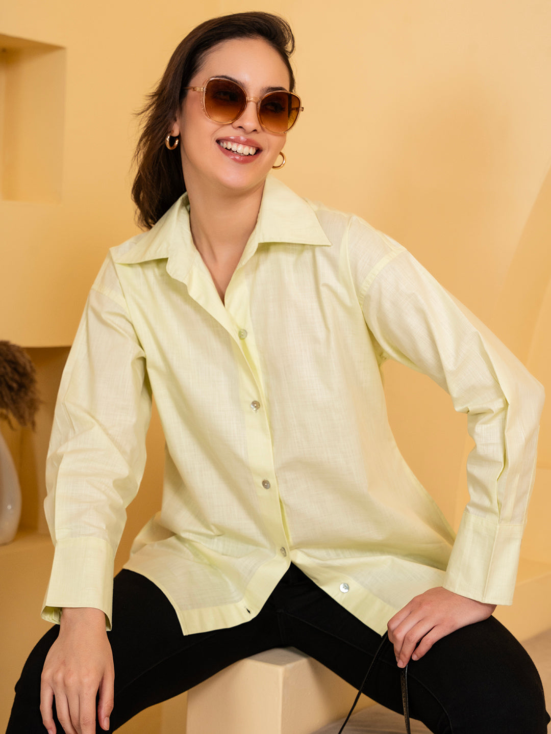 Full-length view of green linen blend shirt