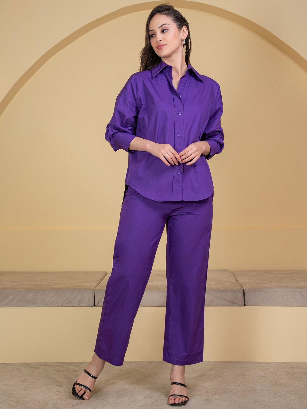 Lifestyle shot of woman wearing purple poplin co-ord set