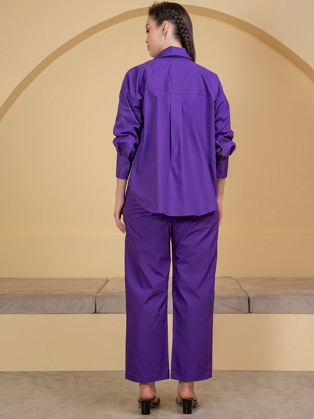 Side view of purple cotton co-ord shirt and pants