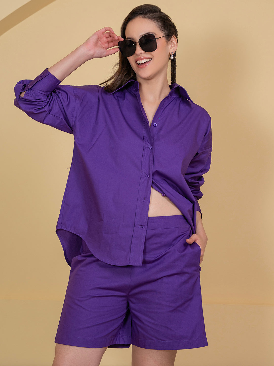 Front view of purple poplin cotton co-ord set