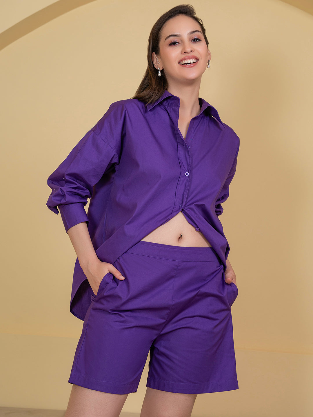 Side view of purple cotton co-ord shirt and shorts